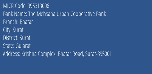 The Mehsana Urban Cooperative Bank Bhatar Branch Address Details and MICR Code 395313006