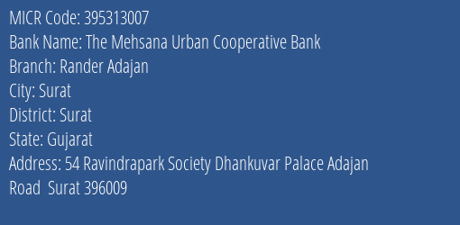 The Mehsana Urban Cooperative Bank Rander Adajan Branch Address Details and MICR Code 395313007
