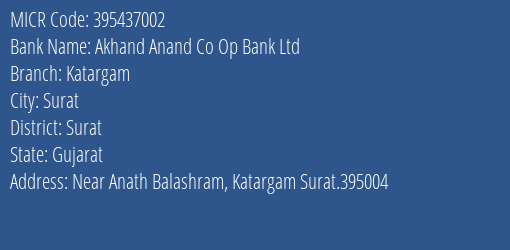 Akhand Anand Co Op Bank Ltd Katargam MICR Code