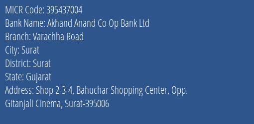 Akhand Anand Co Op Bank Ltd Varachha Road MICR Code