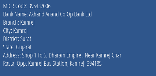 Akhand Anand Co Op Bank Ltd Kamrej MICR Code