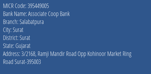 Associate Coop Bank Salabatpura MICR Code