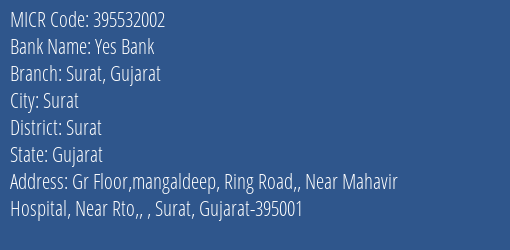 Yes Bank Surat Gujarat MICR Code