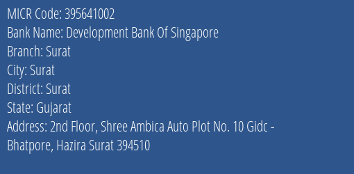 Development Bank Of Singapore Surat MICR Code