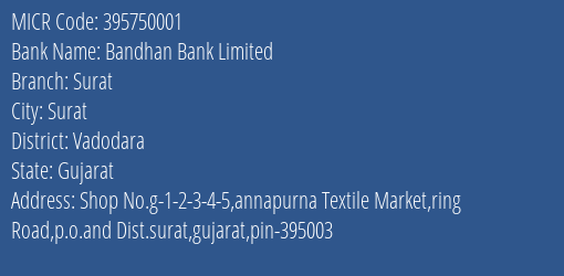 Bandhan Bank Limited Surat MICR Code