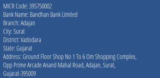 Bandhan Bank Limited Adajan MICR Code