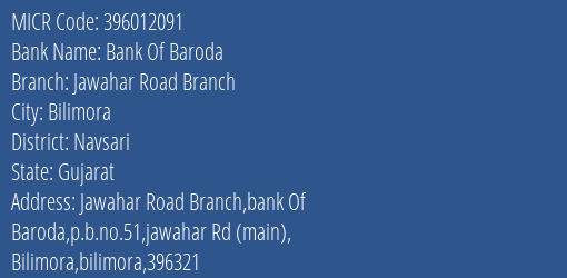 Bank Of Baroda Jawahar Road Branch MICR Code