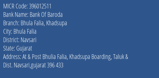 Bank Of Baroda Bhula Falia Khadsupa MICR Code