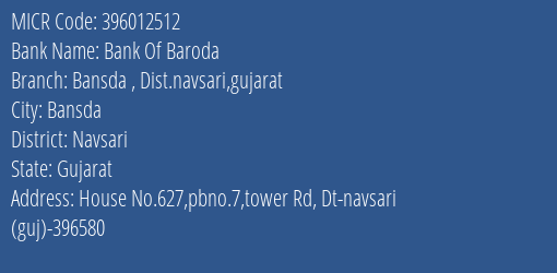 Bank Of Baroda Bansda Dist.navsari Gujarat MICR Code