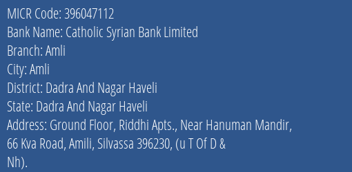 Catholic Syrian Bank Limited Amli MICR Code