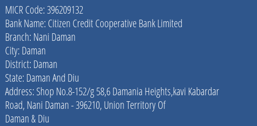 Citizen Credit Cooperative Bank Limited Nani Daman MICR Code