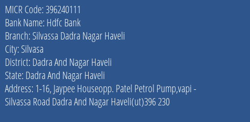 Hdfc Bank Silvassa Dadra Nagar Haveli MICR Code