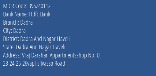 Hdfc Bank Dadra MICR Code