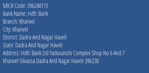 Hdfc Bank Khanvel MICR Code