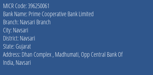 Prime Cooperative Bank Limited Navsari Branch MICR Code