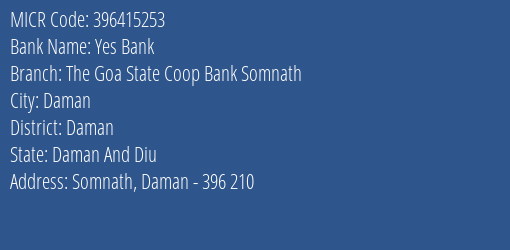 The Goa State Co Operative Bank Ltd Somnath MICR Code