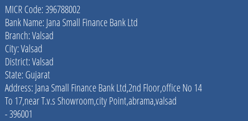Jana Small Finance Bank Ltd Valsad MICR Code