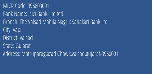 The Valsad Mahila Nagrik Sahakari Bank Ltd Azad Chawk MICR Code