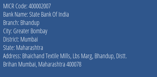 State Bank Of India Bhandup MICR Code