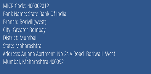State Bank Of India Borivili West Branch Address Details and MICR Code 400002012