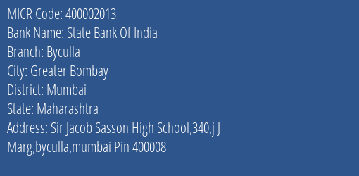 State Bank Of India Byculla Branch Address Details and MICR Code 400002013