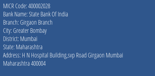 State Bank Of India Girgaon Branch Branch Address Details and MICR Code 400002028