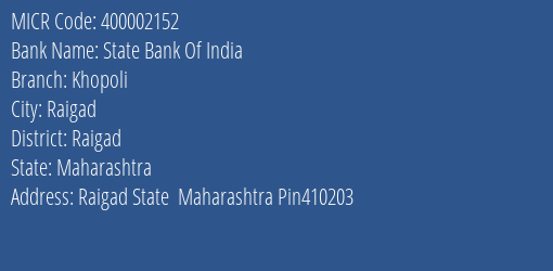 State Bank Of India Khopoli MICR Code