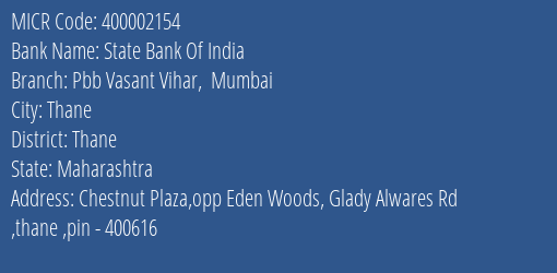 State Bank Of India Pbb Vasant Vihar Mumbai Branch Address Details and MICR Code 400002154