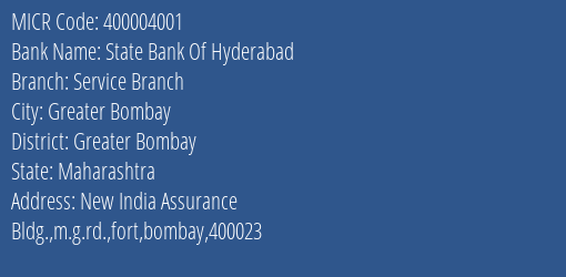 State Bank Of Hyderabad Service Branch MICR Code