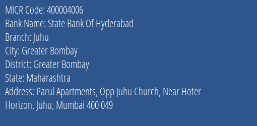 State Bank Of Hyderabad Juhu MICR Code