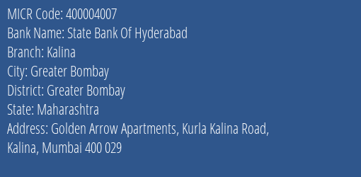 State Bank Of Hyderabad Kalina MICR Code