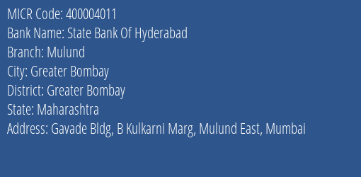 State Bank Of Hyderabad Mulund MICR Code