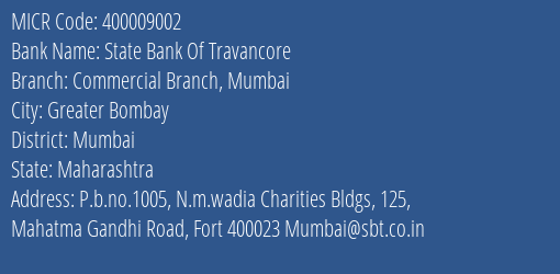 State Bank Of Travancore Commercial Branch Mumbai MICR Code