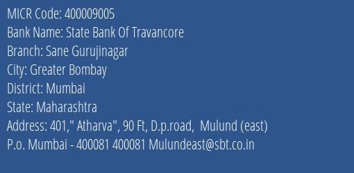 State Bank Of Travancore Sane Gurujinagar MICR Code
