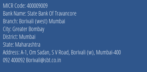 State Bank Of Travancore Borivali West Mumbai MICR Code