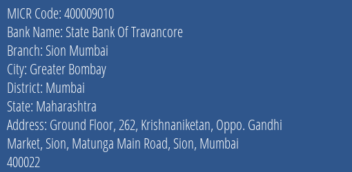 State Bank Of Travancore Sion Mumbai MICR Code