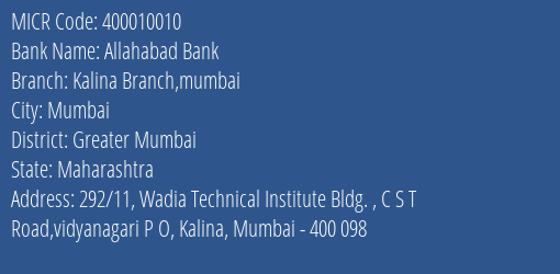 Allahabad Bank Kalina Branch Mumbai MICR Code