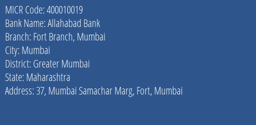 Allahabad Bank Fort Branch Mumbai MICR Code