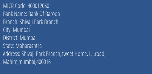 Bank Of Baroda Shivaji Park Branch Branch Address Details and MICR Code 400012060