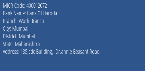 Bank Of Baroda Worli Branch Branch Address Details and MICR Code 400012072
