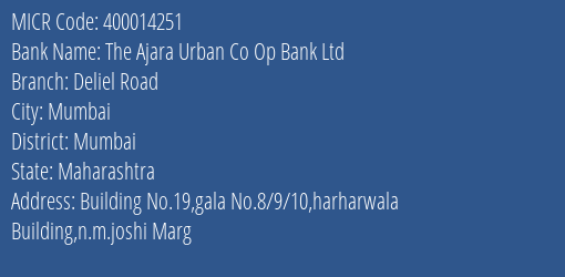 The Ajara Urban Co Op Bank Ltd Deliel Road MICR Code