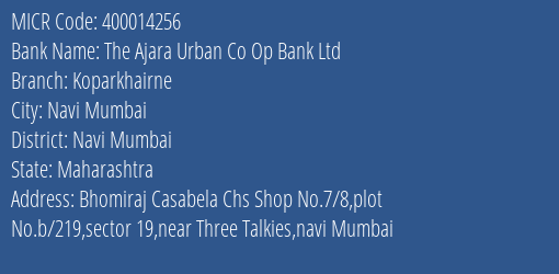 The Ajara Urban Co Op Bank Ltd Koparkhairne MICR Code
