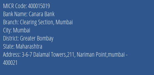 Canara Bank Clearing Section, Mumbai Branch Address Details and MICR Code 400015019