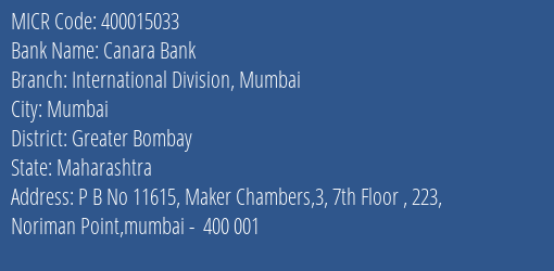 Canara Bank International Division Mumbai Branch Address Details and MICR Code 400015033