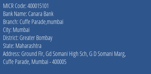Canara Bank Cuffe Parade Mumbai Branch Address Details and MICR Code 400015101