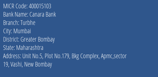 Canara Bank Turbhe Branch Address Details and MICR Code 400015103