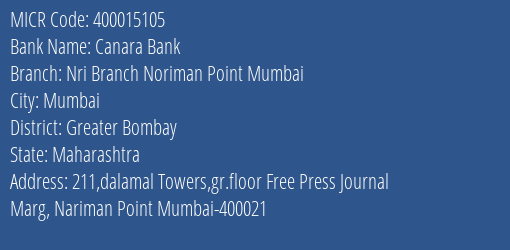 Canara Bank Nri Branch Noriman Point Mumbai Branch Address Details and MICR Code 400015105