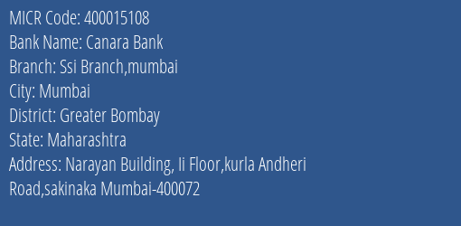 Canara Bank Ssi Branch Mumbai Branch Address Details and MICR Code 400015108