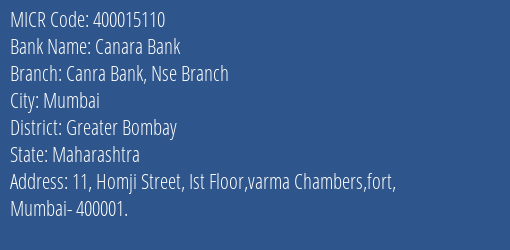 Canara Bank Canra Bank Nse Branch Branch Address Details and MICR Code 400015110