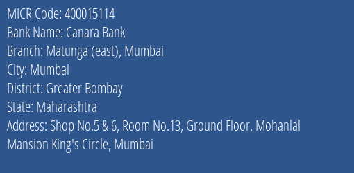 Canara Bank Matunga East Mumbai Branch Address Details and MICR Code 400015114